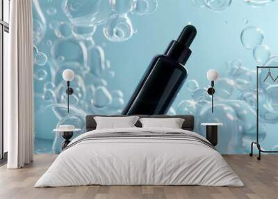 A black bottle of facial serum, slightly tilted and floating in the air, is surrounded by a multitude of large water droplets Wall mural