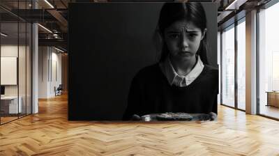 a female student age 7 to 12 years old, standing alone with a tray of food, dim background, gray shade, black and white look and feel, the student is sad Wall mural