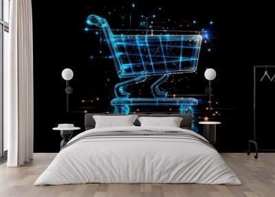 a futuristic illustration of an add to cart on an e-commerce. Dominant blue and black with light effects that capture attention Wall mural