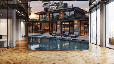 A large two-story house with a gable roof, panoramic windows and wooden cladding in the style of Scandinavian architecture stands on an island near a swimming pool Wall mural