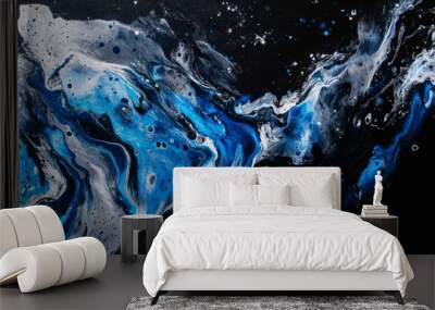 a mysterious future, in a painted style with silver and neon blue coloured paint with high contrast values splattered on a black background Wall mural