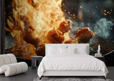 a powerful fire erupts and fried chicken drumsticks and black gochujang sauce meet deliciously in midair Wall mural