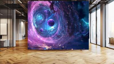 A universe with beautiful shining planets, a fantasy and beautiful appearance that seems to open a door from the 3rd dimension to the 4th dimension, 3d animation style, blue, pink, purple colored  Wall mural