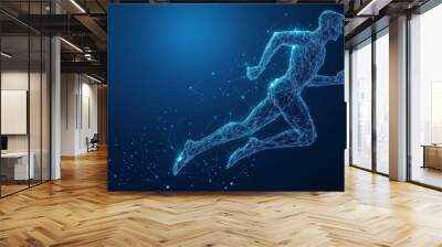 Abstract running man form lines and triangles, point connecting network on blue background. Illustration vector Wall mural