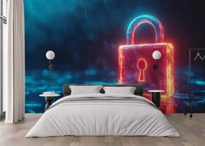 an illuminated padlock on a taxtured blue background representing digital security concept generative ai Wall mural