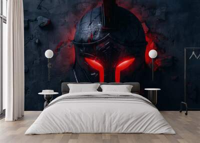 ancient spartan helmet with red glowing furutistic cybereyes in the dark looking straight Wall mural