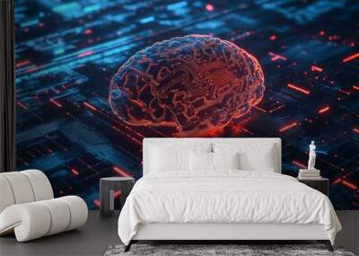 Brain, technology and neon circuit board with data for future engineering, cyber security or geometric programming. Ai research, learning and neuro for thinking patterns connection or dementia study  Wall mural