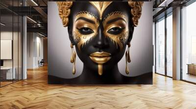 Close up face portrait with face art. Glamorous gold makeup, gold paint dripping down the woman's black face
 Wall mural