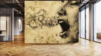 close-up of a mouth slightly open speaking. out of the mouth waves of vibration come out spreading forward. The image's style like a sketch drawing with a thick black marker Wall mural