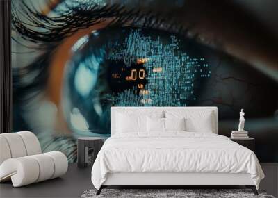 Close up of eye with digital code.Hacker, cyber security, programming background Wall mural