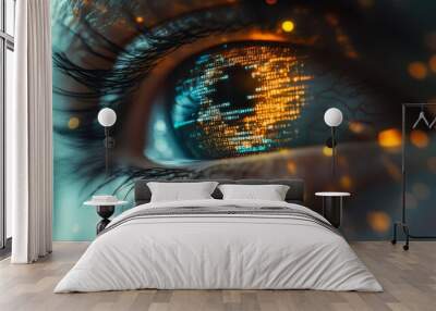 Close up of eye with digital code.Hacker, cyber security, programming background Wall mural