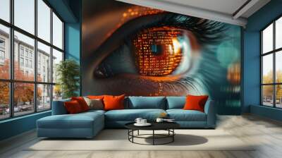 Close up of eye with digital code.Hacker, cyber security, programming background Wall mural