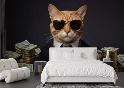 Cool rich gangster boss cat hipster with sunglasses, hat, headphones, gold chain and money dollars. Business, finance, creative idea. Crypto investor cat is holding a lot of money. Winning, concept Wall mural