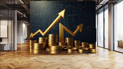 Growth arrow gold coin currency price on money business finance 3d background with success financial market investment earning graph or economy concept cash profit chart and increase stock up symbol Wall mural