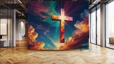 Jesus cross symbol on colorful clouds background. Generative AI colorful clouds background with Christian cross in the middle. Christian religion Cross on spiritual background Wall mural