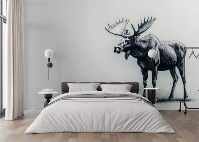 pen and ink sketch, moose with antlers, white background Wall mural