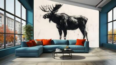 pen and ink sketch, moose with antlers, white background Wall mural