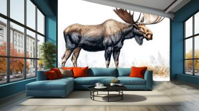 pen and ink sketch, moose with antlers, white background Wall mural