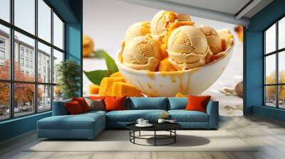 rounded scoop mango ice cream, top view on white background, photorealistic no cone Wall mural