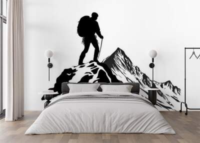 silhouette of a mountain climber on a peak, flat black icon, isolated on white background Wall mural