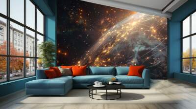 The Earth is visible on a white background with a slight texture, and a connected network of glowing lines connects all over the place Wall mural