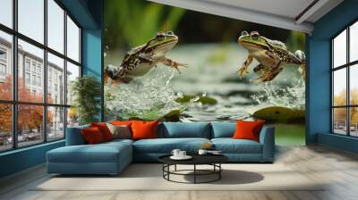 The two frogs leap from one lily pad to another in joyful, slow-motion jumps, landing with splashes in the water. Afterward, they relax in the fen, partially submerged Wall mural