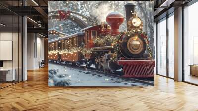 train decorated with garlands rides in the Christmas forest. Snow, bright festive atmosphere Wall mural