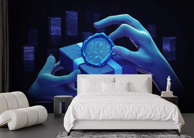 two accurately defined robot hands packing a gift and sealing it off with a wax seal that imprints a fingerprint onto the gift. Keep the elements centered  Wall mural