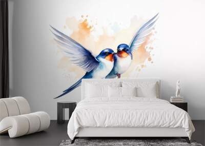 watercolor pair of cute swallows in love playfully flying around each other, white background Wall mural