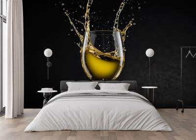 white wine splashing out of full glass isolated on black background Wall mural