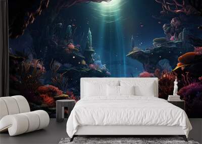 A vibrant coral reef landscape that serves as a home for various marine species, backed by mysterious underwater caves. Wall mural