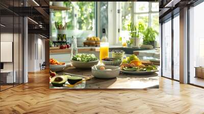 Beautifully arranged breakfast table with smoothie bowls, avocado toast, and fresh juices, in a bright, sunlit kitchen. Wall mural