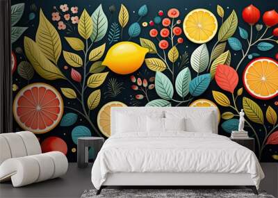 Colorfull fruit and leaves pattern background. Wall mural