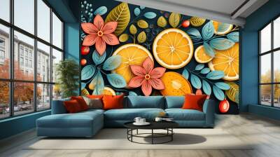 Colorfull fruit and leaves pattern background. Wall mural