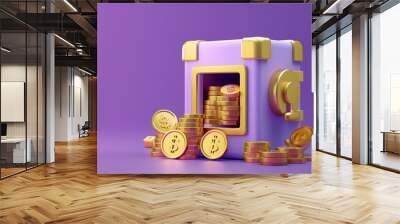 3d safe, gold coins and bars in cartoon style the concept of safe storage of money, bank deposit illustration isolated on purple background 3d rendering  Wall mural