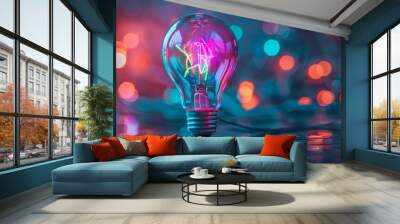 a colorful glowing idea bulb lamp banner, visualization of brainstorming, bright idea and creative thinking, copy space  Wall mural