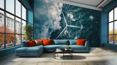 Aerial view of wind turbine at sea  Wall mural