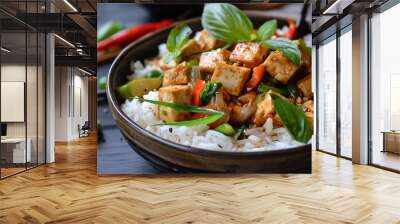 Delicious Tofu Stir-Fry with Rice and Basil Wall mural