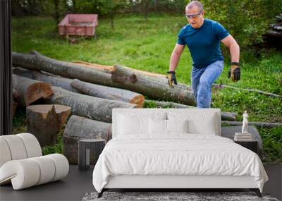 Lumberjack manhandling the beech logs Wall mural