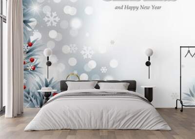 Christmas Background with Red Shiny Ornament laying in the Snow among Fir Branches, Berries and Pine Cones Wall mural