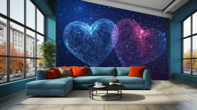 Abstract illustration of two hearts depicted as a starry sky or cosmic space, made up of dots, lines, and shapes resembling planets, stars, and the universe. Vector wireframe concept for Valentine's D Wall mural