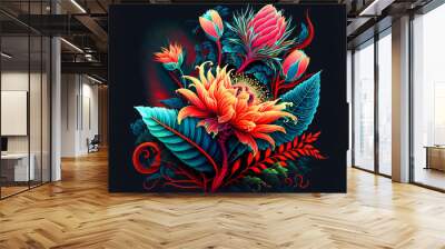 A carnivorous plant in fluorescent color on a black background creating a tropical and dynamic atmosphere. A unique atmosphere of an exotic jungle. Generative AI Wall mural