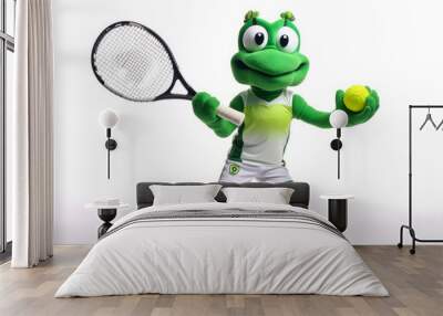 A dynamic green turtle mascot in sportswear with a racket and polo shirt stands out on a white background. Ideal for graphic use or positive emotions. Generative AI Wall mural