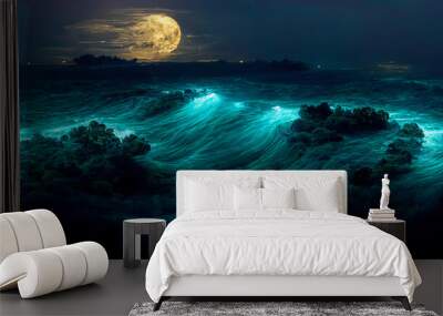 A mystical and panoramic view of waves on an ocean under a full moon, for powerful and evocative images. Generative AI Wall mural