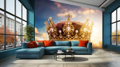 A woman's ascension to metaphorical monarchy manifests through a jovial crowning moment. Wall mural