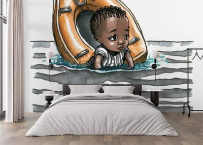 An African child on a raft on the high seas, illustrating the difficulty of families crossing the Mediterranean. A powerful image which testifies with emotion to the distress of the shipwrecked. Wall mural