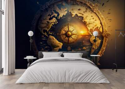 An ancient world map combining elegance and erudition, this image offers a view of a sunset over the ocean perfect to enrich any design. In an antique compass. Wall mural