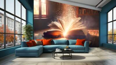 Ancient book of magic with magical sparks and smoke emanating from its pages. Symbolizes magical spells embedded in a fantastical and old library atmosphere. Perfect for evoking mystery and wonder. Wall mural