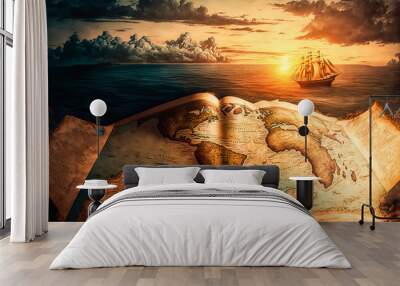 Antique world map illustrating an ancient seascape with a sailing ship. Ideal for computer graphics, embellishing content and provoking emotions. Wall mural