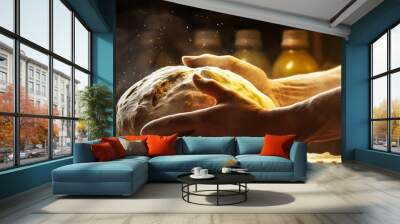 Authentic baker kneads dough amidst radiant flour in a rustic bakery background, celebrating tradition with crafted delicious bread. Generative AI Wall mural